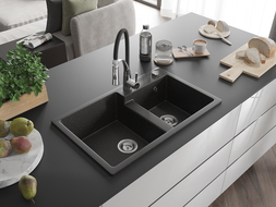 Mexen Tomas granitinis virtuvinis plautuvės rinkinys su Aster maišytuvu, juodas/auksinis metalikas - 6516-75-73450-07