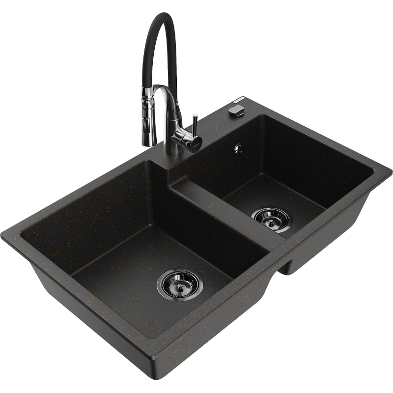 Mexen Tomas dviejų skyrių granitinė plautuvė su virtuviniu maišytuvu Aster, juoda/auksinio metalo - 6516-75-73450-07-B