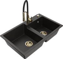 Mexen Tomas granitinis dviejų kamerų kriauklė su virtuvės maišytuvu Aster, juoda/auksinė metalo spalva - 6516-75-73450-57-G