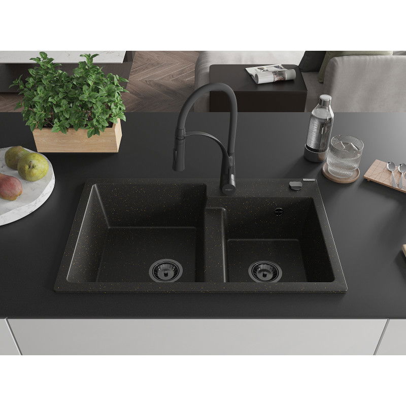Mexen Tomas granitinė virtuvės kriauklė 2-jų skyrių su virtuvės maišytuvu Aster, juodas/auksinis metalikas - 6516-75-73450-70-B