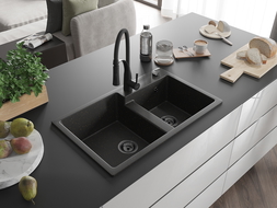 Mexen Tomas granitinė virtuvės kriauklė 2-jų skyrių su virtuvės maišytuvu Aster, juodas/auksinis metalikas - 6516-75-73450-70-B