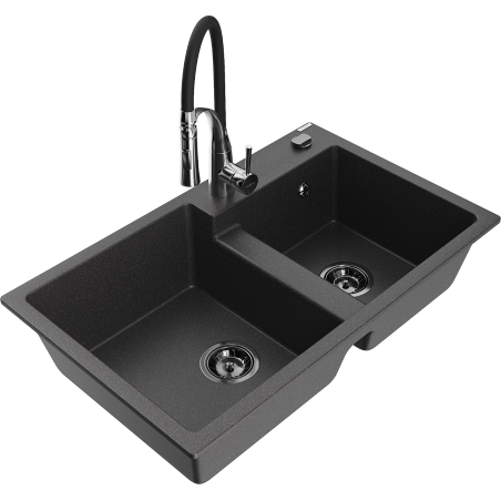 Mexen Tomas granitinė dviejų kamerų kriauklė su Aster virtuvės maišytuvu, juoda su dėmėmis - 6516-76-73450-07-B
