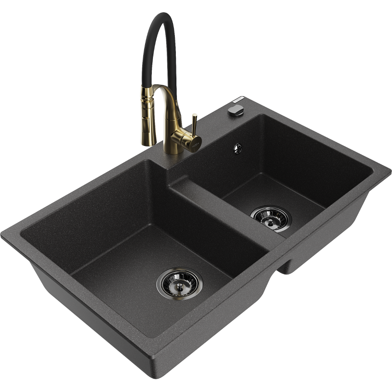 Mexen Tomas granito virtuvinis dviejų skyrių plautuvė su virtuviniu maišytuvu Aster, juoda su dėmelėmis - 6516-76-73450-57-B