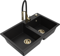 Mexen Tomas granito plautuvė su 2 kameromis ir virtuvininiu maišytuvu Aster, juoda - 6516-77-73450-57-G