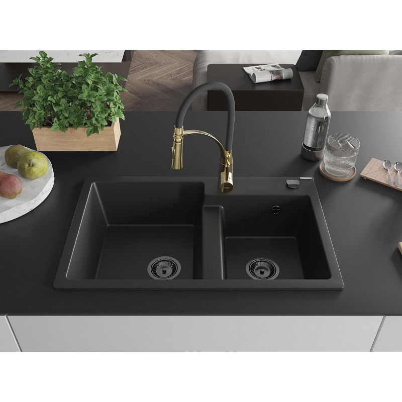 Mexen Tomas granitinė dviejų skyrių plautuvė su virtuviniu maišytuvu Aster, juoda - 6516-77-73450-57-B
