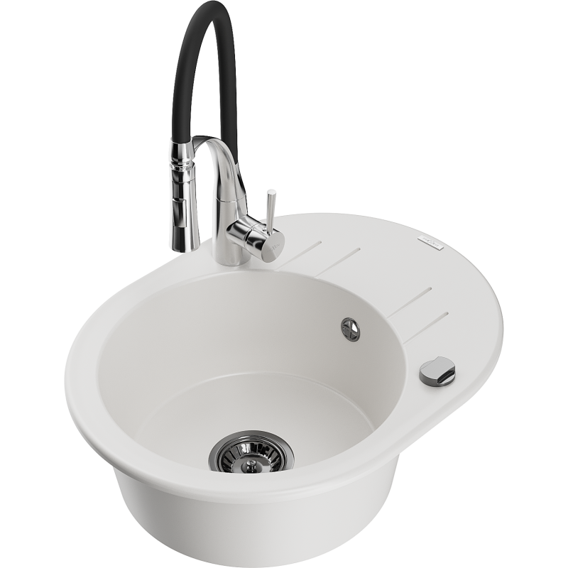 Mexen Kevin granitinė vienos kriauklės plautuvė su nusausintuvu ir virtuviniu maišytuvu Aster, balta - 6517-20-73450-07-B