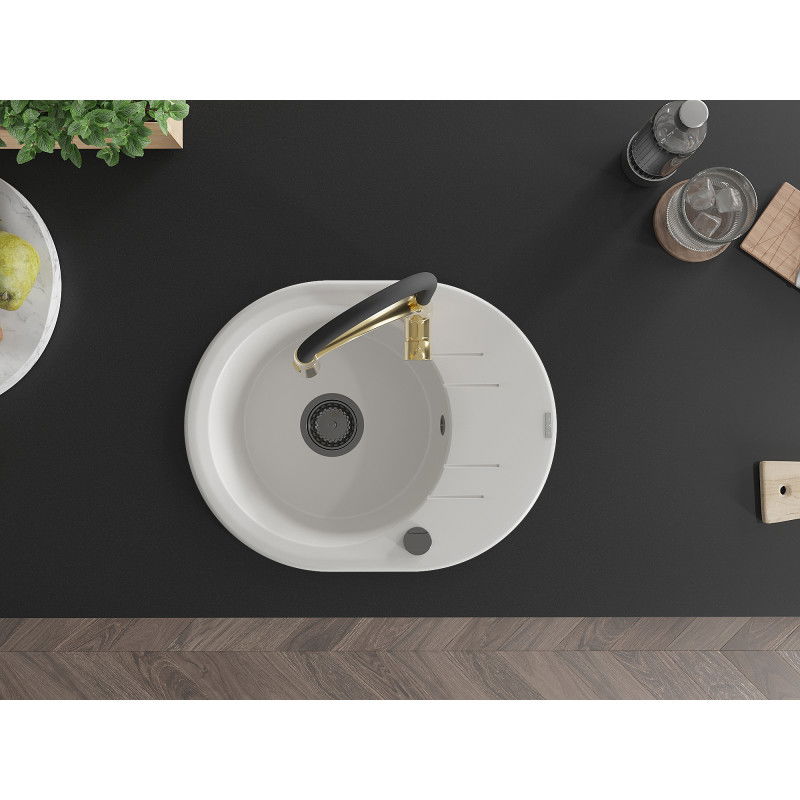 Mexen Kevin vienos sekcijos granitinė kriauklė su nusausintuvu ir virtuviniu maišytuvu Aster, balta - 6517-20-73450-57-B