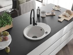 Mexen Kevin granito virtuvės plautuvė su vienu dubeniu ir stalviršiu bei virtuviniu maišytuvu Aster, balta - 6517-20-73450-70-B