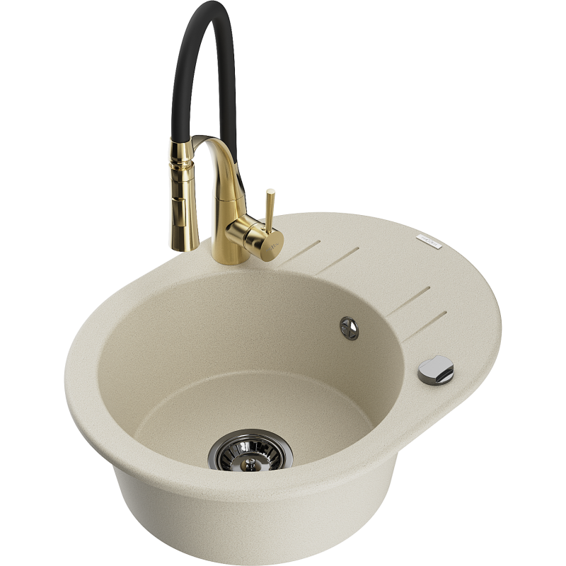 Mexen Kevin grindinis 1-kameros kriauklė su nutekėjimu ir virtuviniu maišytuvu Aster, smėlinis - 6517-69-73450-57-B