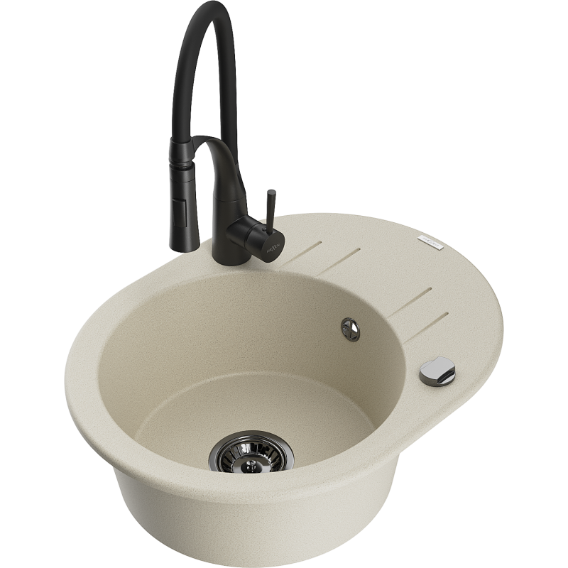 Mexen Kevin vienos kameros granito kriauklė su nutekamu ir Aster virtuviniu maišytuvu, smėlio spalvos - 6517-69-73450-70-B