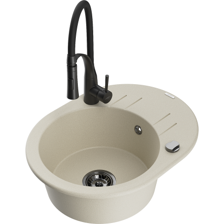 Mexen Kevin vienos kameros granito kriauklė su nutekamu ir Aster virtuviniu maišytuvu, smėlio spalvos - 6517-69-73450-70-B