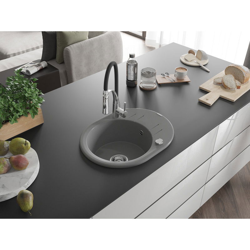 Mexen Kevin granitinis kriauklė 1 skyriaus su lašeliu ir virtuvės maišytuvu Aster, pilkas - 6517-71-73450-07