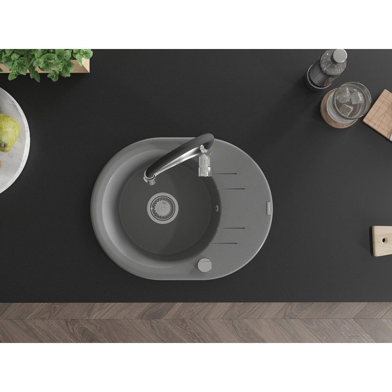 Mexen Kevin granitinis kriauklė 1 skyriaus su lašeliu ir virtuvės maišytuvu Aster, pilkas - 6517-71-73450-07