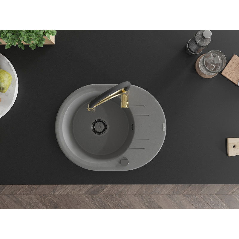 Mexen Kevin granitinė vienos kameros kriauklė su nusausinimo lentyna ir virtuviniu maišytuvu Aster, pilka - 6517-71-73450-57-B