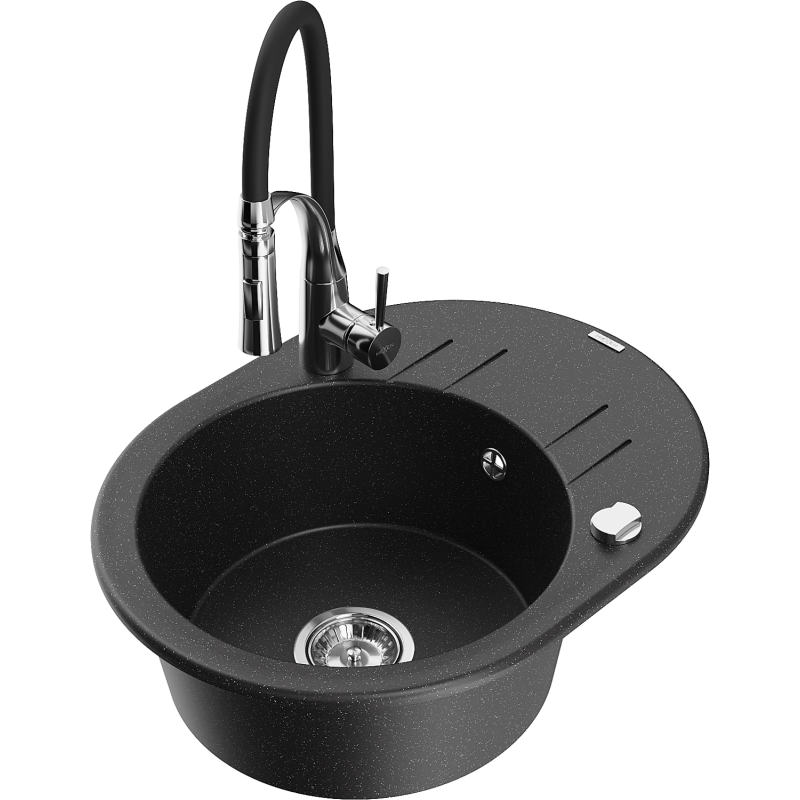 Mexen Kevin granitinė vienos komeros kriauklė su nutekamąja zona ir virtuviniu maišytuvu Aster, juoda/sidabro metaliko