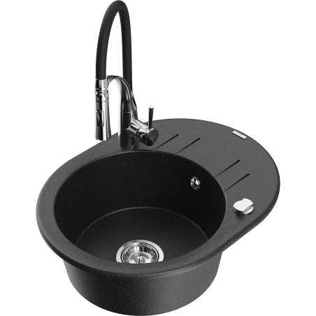 Mexen Kevin granitinė vienos komeros kriauklė su nutekamąja zona ir virtuviniu maišytuvu Aster, juoda/sidabro metaliko