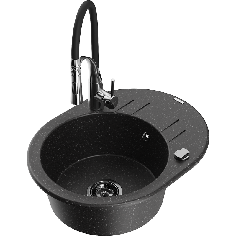 Mexen Kevin granitinė vienos kameros plautuvė su nusausintuvu ir virtuviniu maišytuvu Aster, juoda/sidabrinė metalika