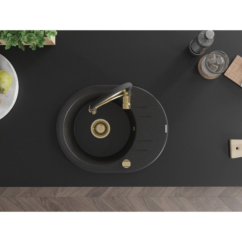 Mexen Kevin granitinė vienos kameros plautuvė su nusausintuvu ir virtuviniu maišytuvu Aster, juoda/sidabrinė metalikas