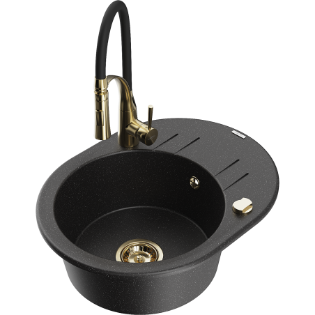 Mexen Kevin granitinė vienos kameros plautuvė su nusausintuvu ir virtuviniu maišytuvu Aster, juoda/sidabrinė metalikas