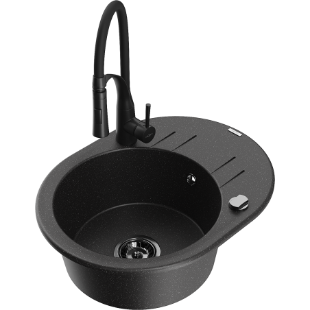 Mexen Kevin granitinė vienos kameros plautuvė su nuvarvėjimo plokšte ir virtuviniu maišytuvu Aster, juoda/sidabrinė metalo