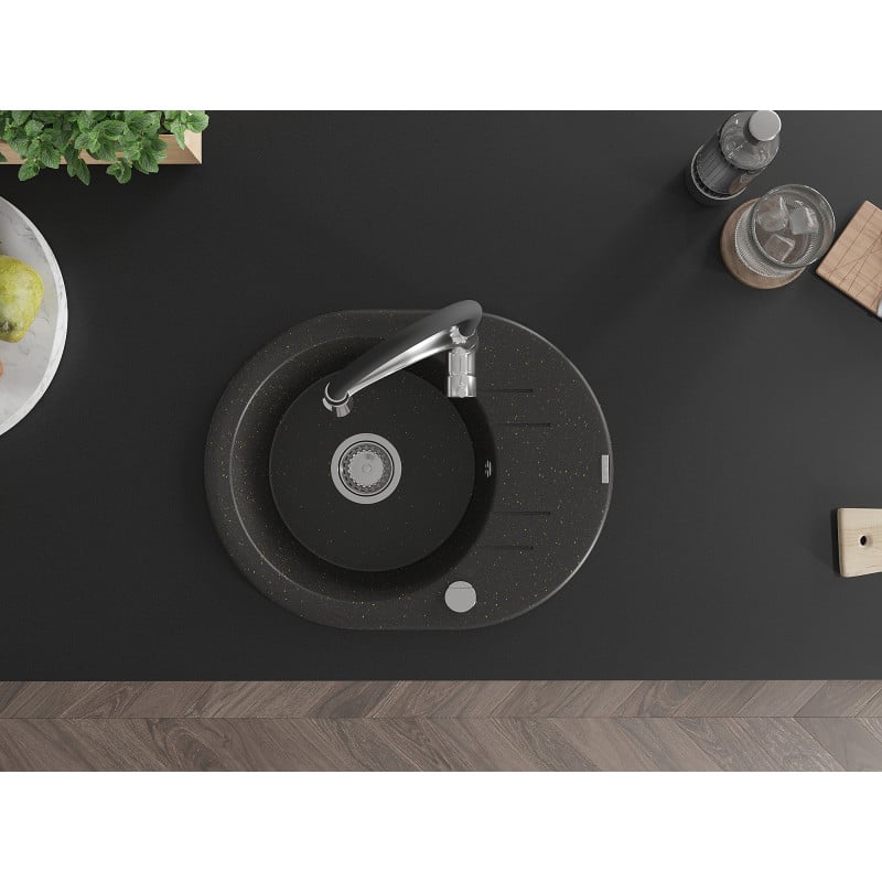 Mexen Kevin vienos komoros granitinė kriauklė su nusausintuvu ir Aster virtuvės maišytuvu, juoda/auksinė metalika