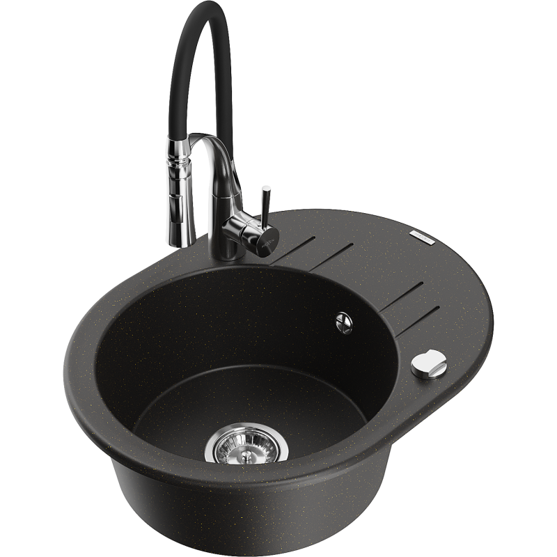 Mexen Kevin vienos komoros granitinė kriauklė su nusausintuvu ir Aster virtuvės maišytuvu, juoda/auksinė metalika