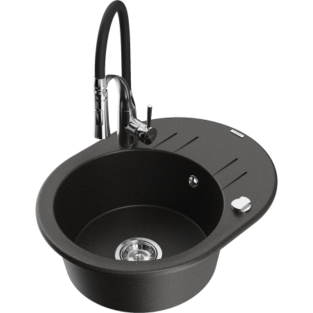 Mexen Kevin vienos komoros granitinė kriauklė su nusausintuvu ir Aster virtuvės maišytuvu, juoda/auksinė metalika