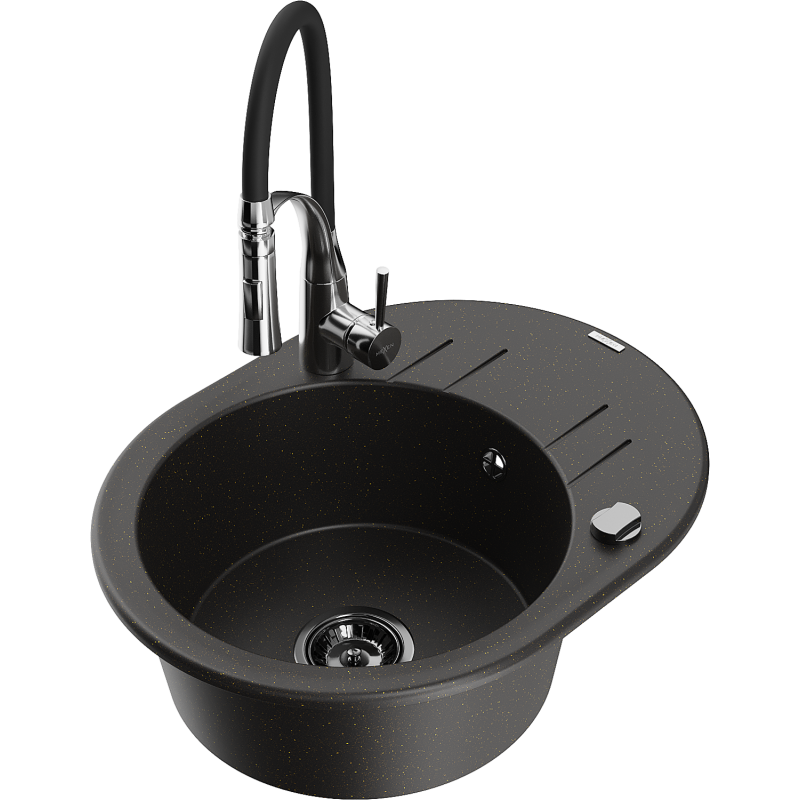 Mexen Kevin granitinė plautuvė su viena sekcija ir nutekėjimo plokšte bei virtuviniu maišytuvu Aster, juoda/auksinis