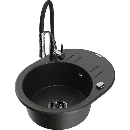 Mexen Kevin granitinė plautuvė su viena sekcija ir nutekėjimo plokšte bei virtuviniu maišytuvu Aster, juoda/auksinis