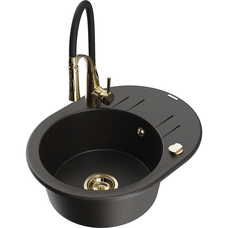 Mexen Kevin granitinė 1 skyrelio plautuvė su drenažu ir virtuviniu maišytuvu Aster, juoda/auksinė metalika