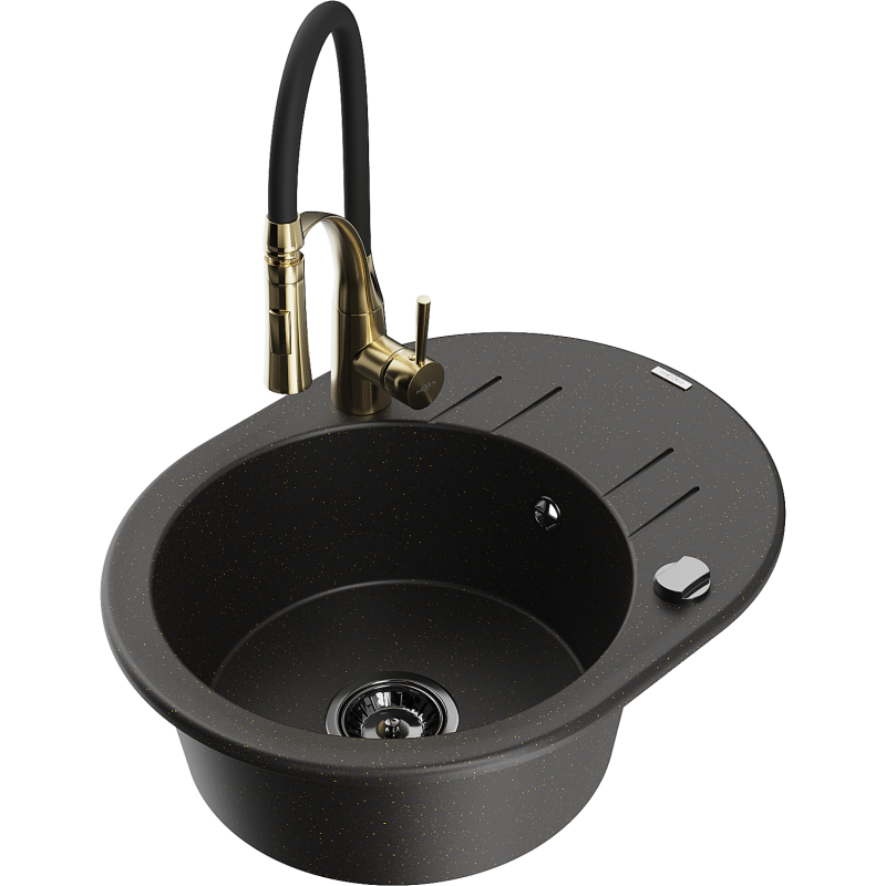 Mexen Kevin granitinė virtuvės kriauklė su viena talpa, lašėjimo lenta ir virtuviniu maišytuvu Aster, juodas/auksinis