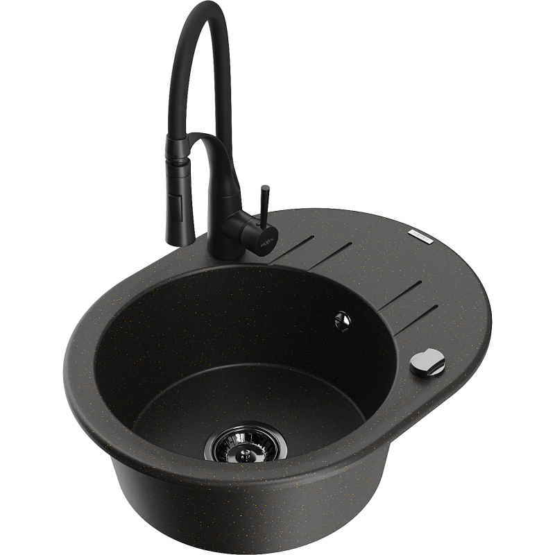 Mexen Kevin granitinė vienos kameros kriauklė su nusausintuvu ir virtuvės maišytuvu Aster, juoda/auksinis metalo blizgesys