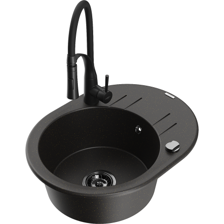 Mexen Kevin granitinė vienos kameros kriauklė su nusausintuvu ir virtuvės maišytuvu Aster, juoda/auksinis metalo blizgesys