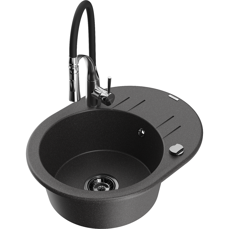 Mexen Kevin vienos sekcijos granito plautuvė su nusausintuvu ir virtuviniu maišytuvu Aster, juoda su taškeliais