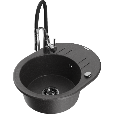 Mexen Kevin vienos sekcijos granito plautuvė su nusausintuvu ir virtuviniu maišytuvu Aster, juoda su taškeliais