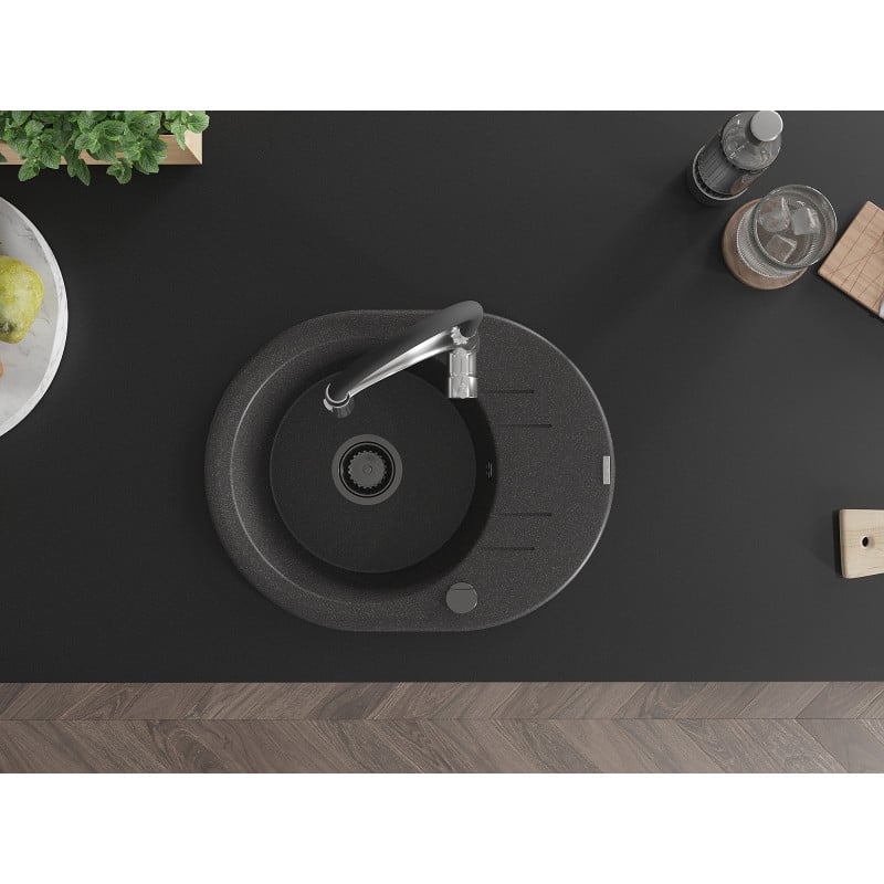 Mexen Kevin vienos sekcijos granito plautuvė su nusausintuvu ir virtuviniu maišytuvu Aster, juoda su taškeliais