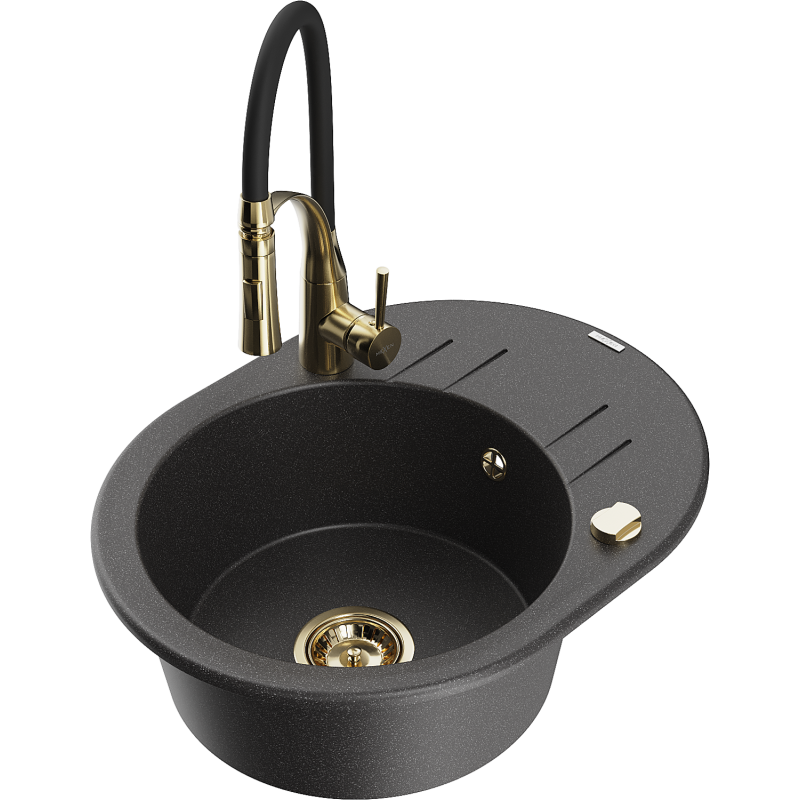 Mexen Kevin 1-dubens granitinė kriauklė su nusausinimo lenta ir virtuviniu maišytuvu Aster, juoda dėmėta