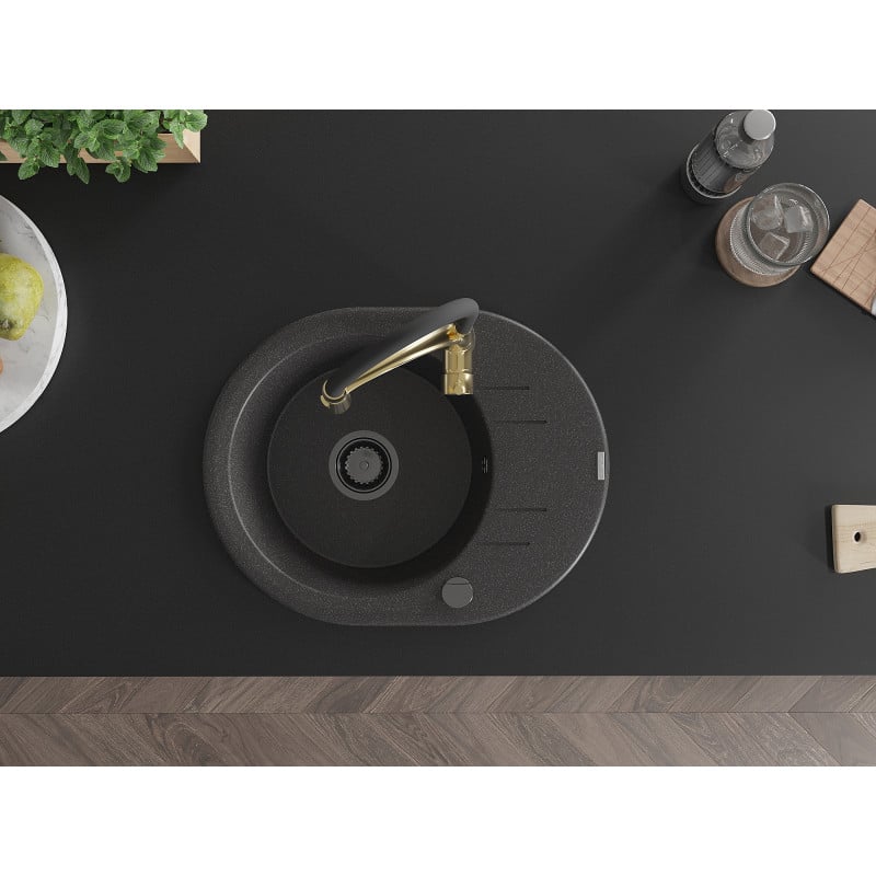 Mexen Kevin 1 dubenų granitinė plautuvė su nusausintuvu ir virtuvės maišytuvu Aster, juoda taškuota - 6517-76-73450-57-B