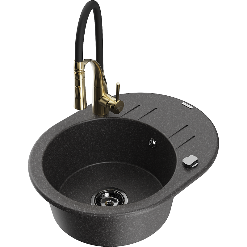 Mexen Kevin 1 dubenų granitinė plautuvė su nusausintuvu ir virtuvės maišytuvu Aster, juoda taškuota - 6517-76-73450-57-B