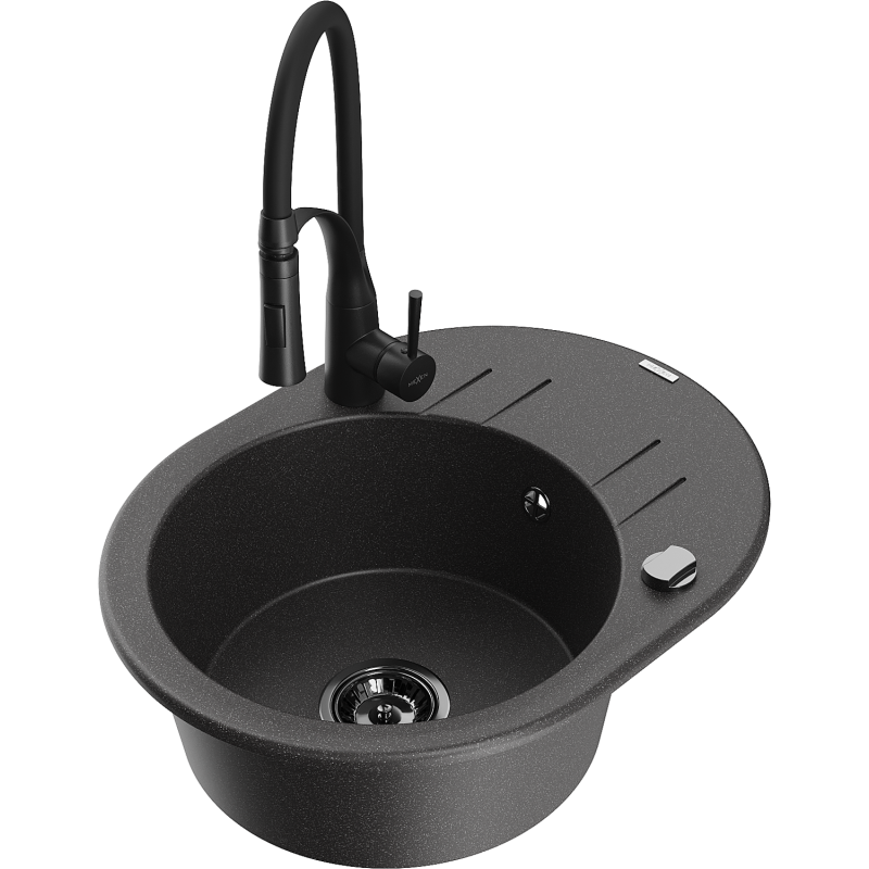 Mexen Kevin granitinė vienkamerė plautuvė su lataku ir virtuviniu maišytuvu Aster, juoda taškinė - 6517-76-73450-70-B