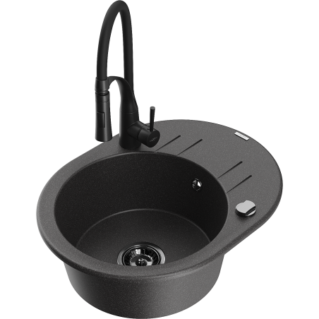 Mexen Kevin granitinė vienkamerė plautuvė su lataku ir virtuviniu maišytuvu Aster, juoda taškinė - 6517-76-73450-70-B