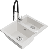 Mexen Carlos granitinė 1,5 skyrelių plautuvė su virtuviniu maišytuvu Aster, balta - 6518-20-73450-07