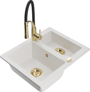 Mexen Carlos granito virtuvės kriauklė 1,5 skylių su virtuviniu maišytuvu Aster, balta - 6518-20-73450-57-G