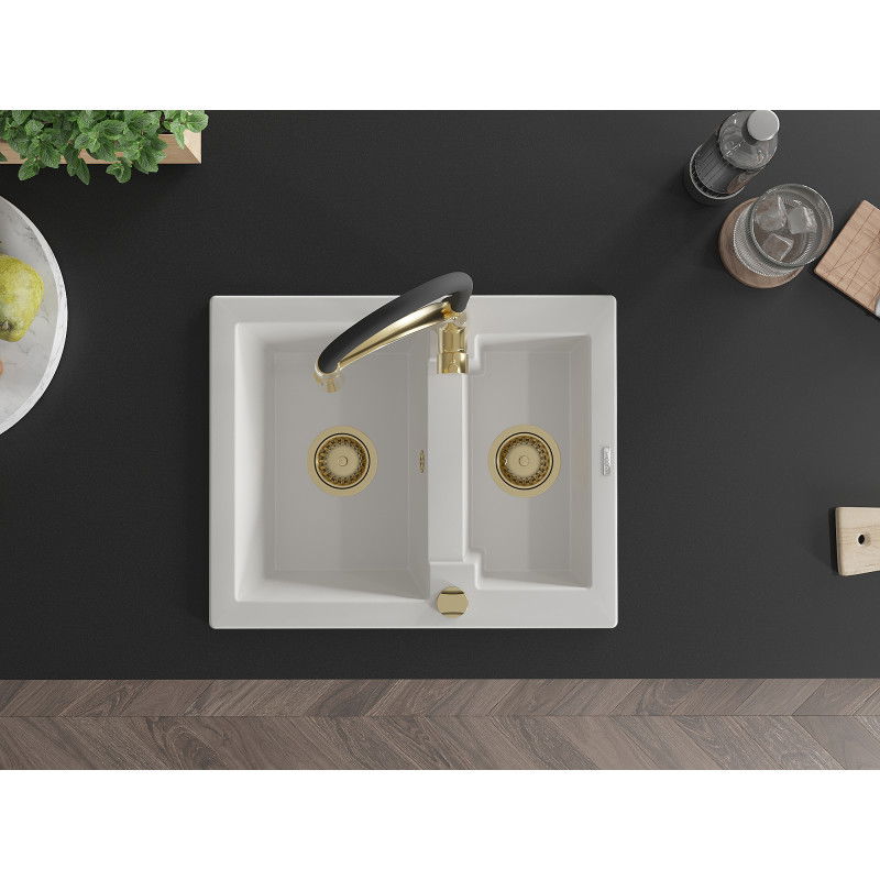 Mexen Carlos granito virtuvės kriauklė 1,5 skylių su virtuviniu maišytuvu Aster, balta - 6518-20-73450-57-G