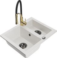 Mexen Carlos granitinė 1,5 skylių plautuvė su virtuviniu maišytuvu Aster, balta - 6518-20-73450-57-B