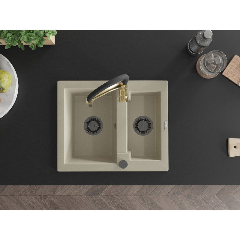 Mexen Carlos granitinis kriauklė 1,5 skyrius su virtuvės maišytuvu Aster, smėlio spalvos - 6518-69-73450-57-B