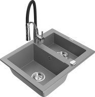 Mexen Carlos granitinis 1,5 skyrių virtuvės plautuvas su maišytuvu Aster, pilkas - 6518-71-73450-07