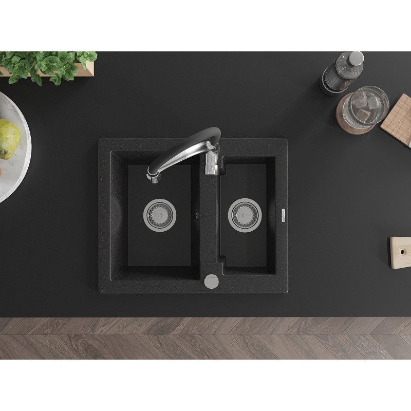 Mexen Carlos granitinis plautuvė 1,5 skyrių su virtuviniu maišytuvu Aster, juodas/sidabrinis metalikas - 6518-73-73450-07