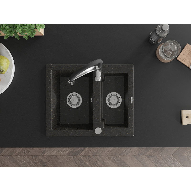 Mexen Carlos granitinis plautuvas, 1,5 skylių, su virtuvės maišytuvu Aster, juoda/auksinis metalikas - 6518-75-73450-07