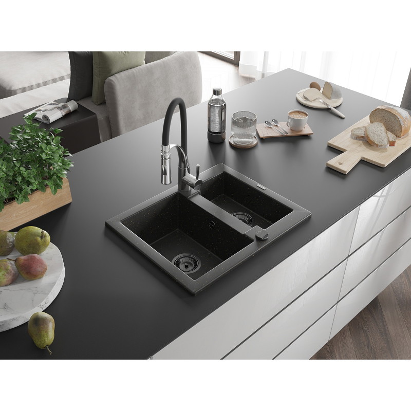 Mexen Carlos 1,5 skylių granitinė kriauklė su virtuviniu maišytuvu Aster, juoda/auksinė metalo spalva - 6518-75-73450-07-B